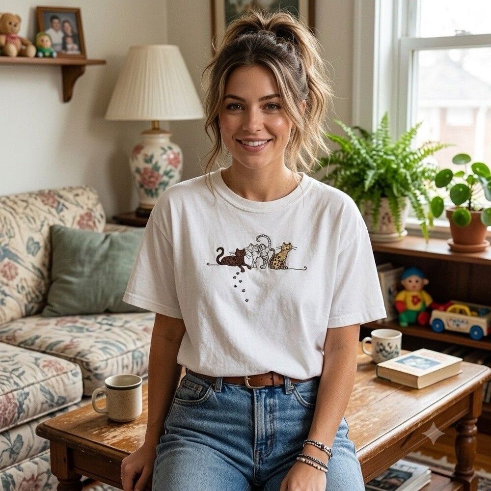 Embroidered Cat T Shirt Women's Size L White Crewneck Vintage 90s Butter Mom